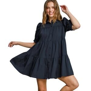 NWT Umgee - Navy Tiered Babydoll Dress | Puff Sleeve Boutique Mini | Medium